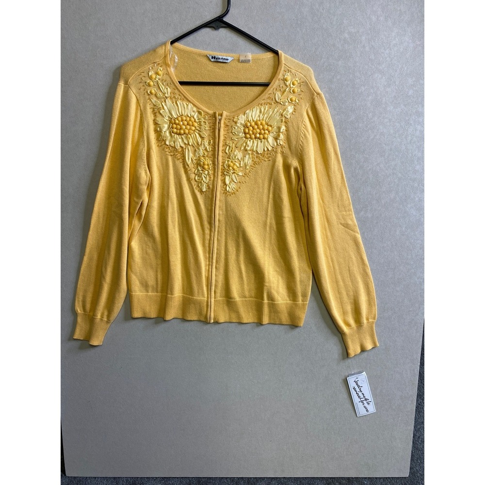 Nygard Collection Yellow Floral Beaded 3D Ribbon Zip Front Cardigan Sweater L